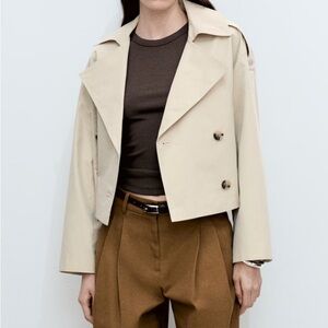 Mango Cream/Light Pastel Double Breasted Cropped Trench Coat, Only Worn Once